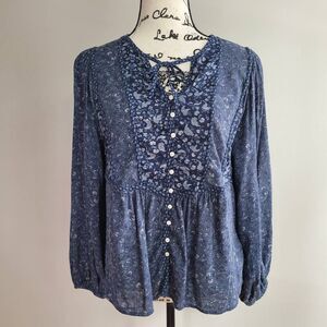 Old Navy peasant blouse floral patchwork blue top balloon sleeves cottage boho